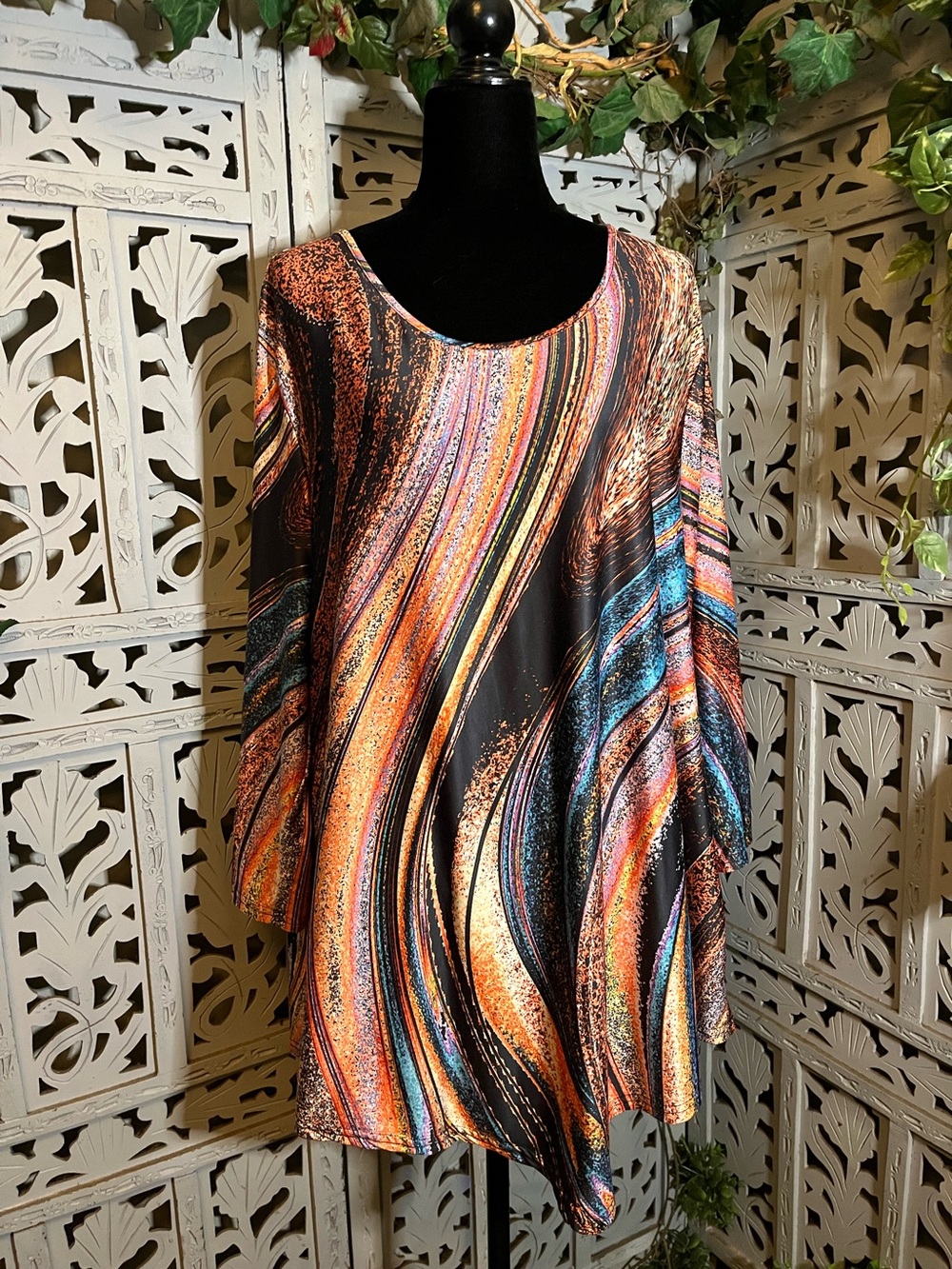 NEW! LILY VORACIOUS ORANGE & MULTICOLOR MARBLING ELEGANT-CASUAL PLUS SIZE TOP
